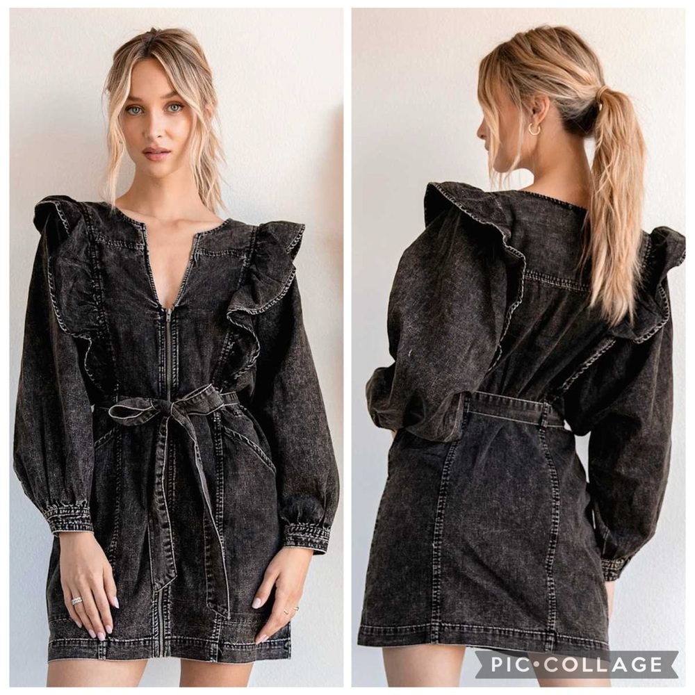 Free People Imogene Black Washed Denim Ruffled Mini Dress Size Medium - Picture 2 of 14